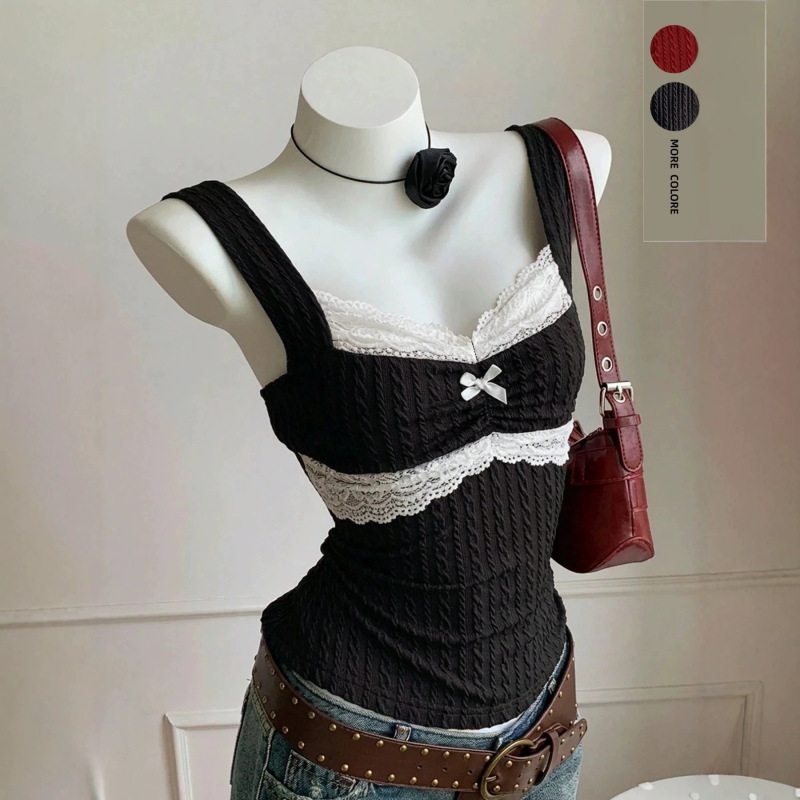 Cross-Border Women's Clothing Y2K Style Women's Camisole with Lace Trim and Bow Decoration, Sleeveless Slim-Fit Outerwear Top