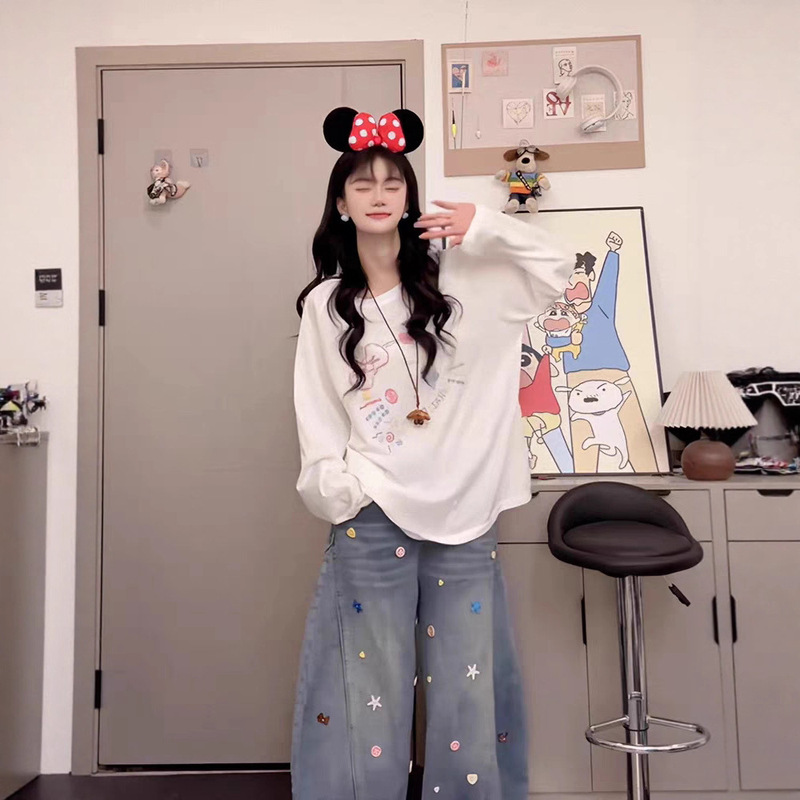 2025夏季新款百搭圆领卡通kitty猫印花长袖T恤女潮流休闲上衣|undefined