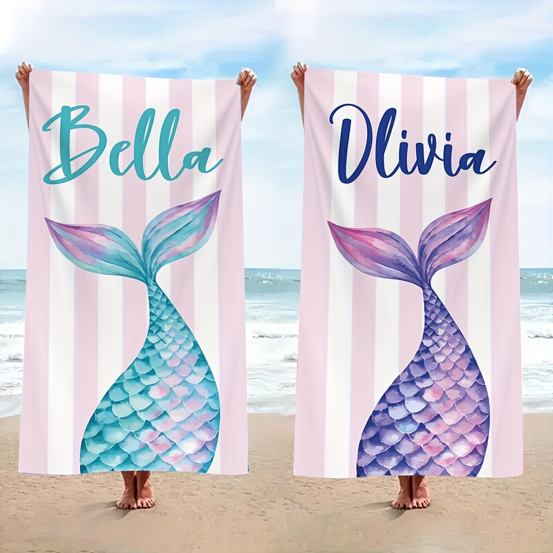 Temu Cross-Border Mermaid Tail Beach Towel, Customizable Name Towel, Gift for Family and Friends