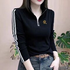 92%棉纯色翻领女士t恤长袖带领春秋休闲polo衫拉链绣花百搭上衣潮