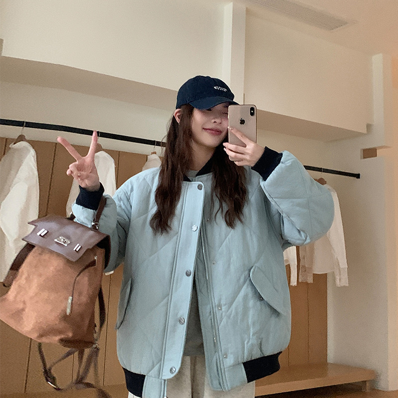 美式菱格棒球服棉服女2025年冬季新款韩系宽松超好看夹棉棉袄外套|undefined