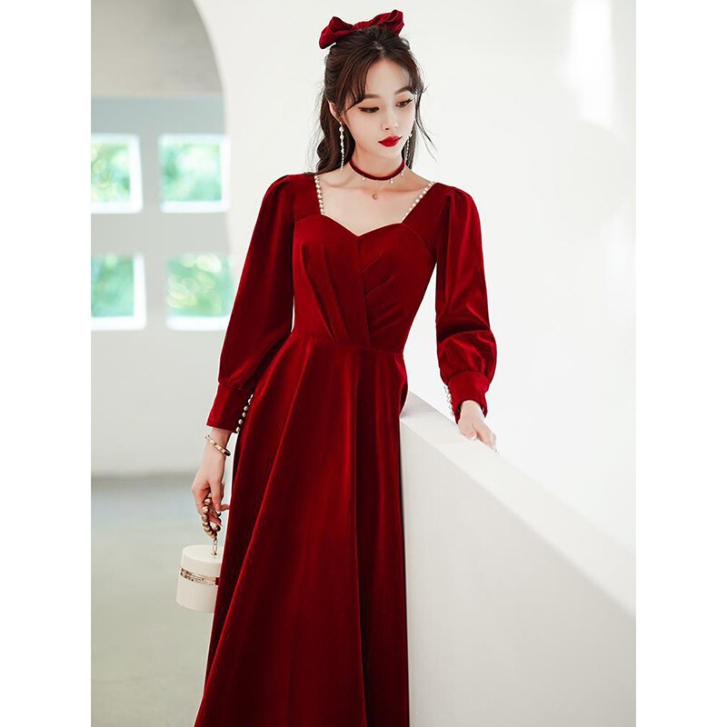 Bridal long-sleeved dress for toasting, 2026 new summer long style, suitable for wedding reception and return visits, wine-red evening gown Bridal long-sleeved dress for toasting, 2026 new summer long style, suitable for wedding reception and return visits, wine-red evening gown