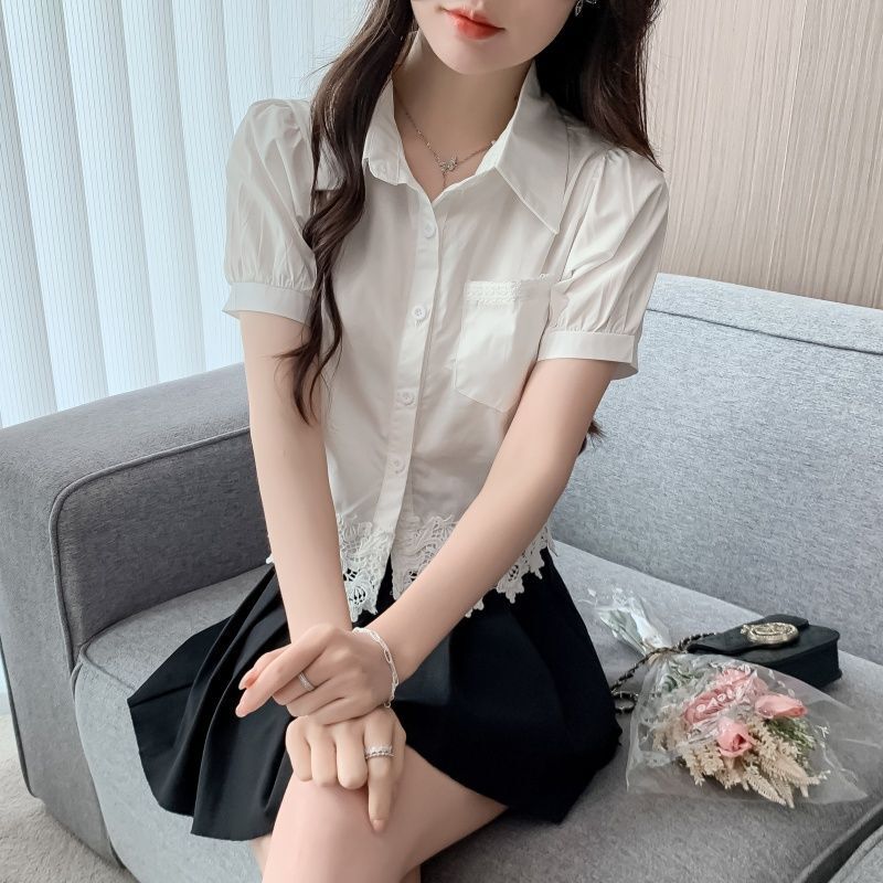 2025 New Summer Style French Fashion Short Petite Lace Splicing Elegant White Shirt Women's Short-Sleeved Tops