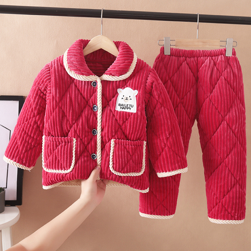 boys‘ and girls‘ winter three-layer quilted fleece-lined thickened children‘s pajamas boys‘ and girls‘ flannel homewear