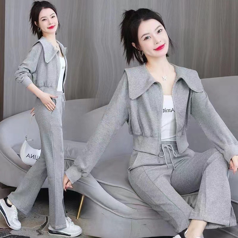 Long-Sleeved Short Jacket, Sweatshirt, High-Waisted Wide-Leg Flared Pants, Casual Sports Fashion, Two-Piece Suit for Women, Spring & Fall