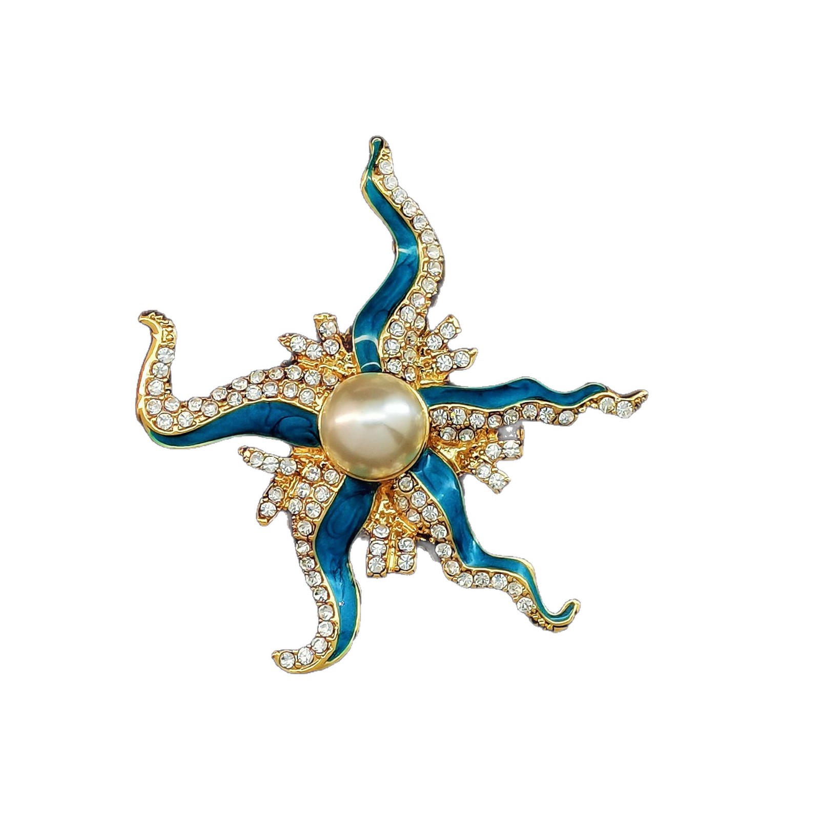 Europäisch-amerikanische Brosche im Zirkon-besetzten Emaille-Stil mit grün-blauen Perlen und unregelmäßigem Seestern in leuchtendem Gold, modisch und_voghion.com