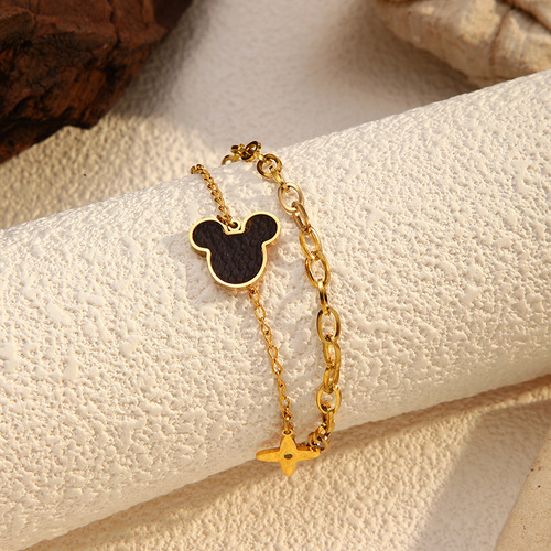 Elegant European and American Style Four-Leaf Clover Titanium Steel Bracelet for Women - High-End Design Stainless Steel Bracelet, Double Layer Stainless Steel Accessory