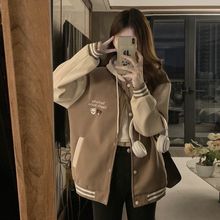 美式外套女春秋款连帽宽松学院风长袖撞色拼接棒球夹克衫