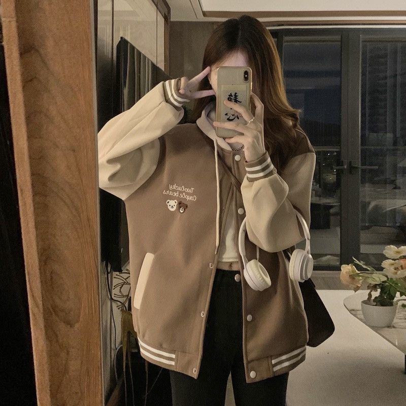 美式外套女春秋款连帽宽松学院风长袖撞色拼接棒球夹克衫