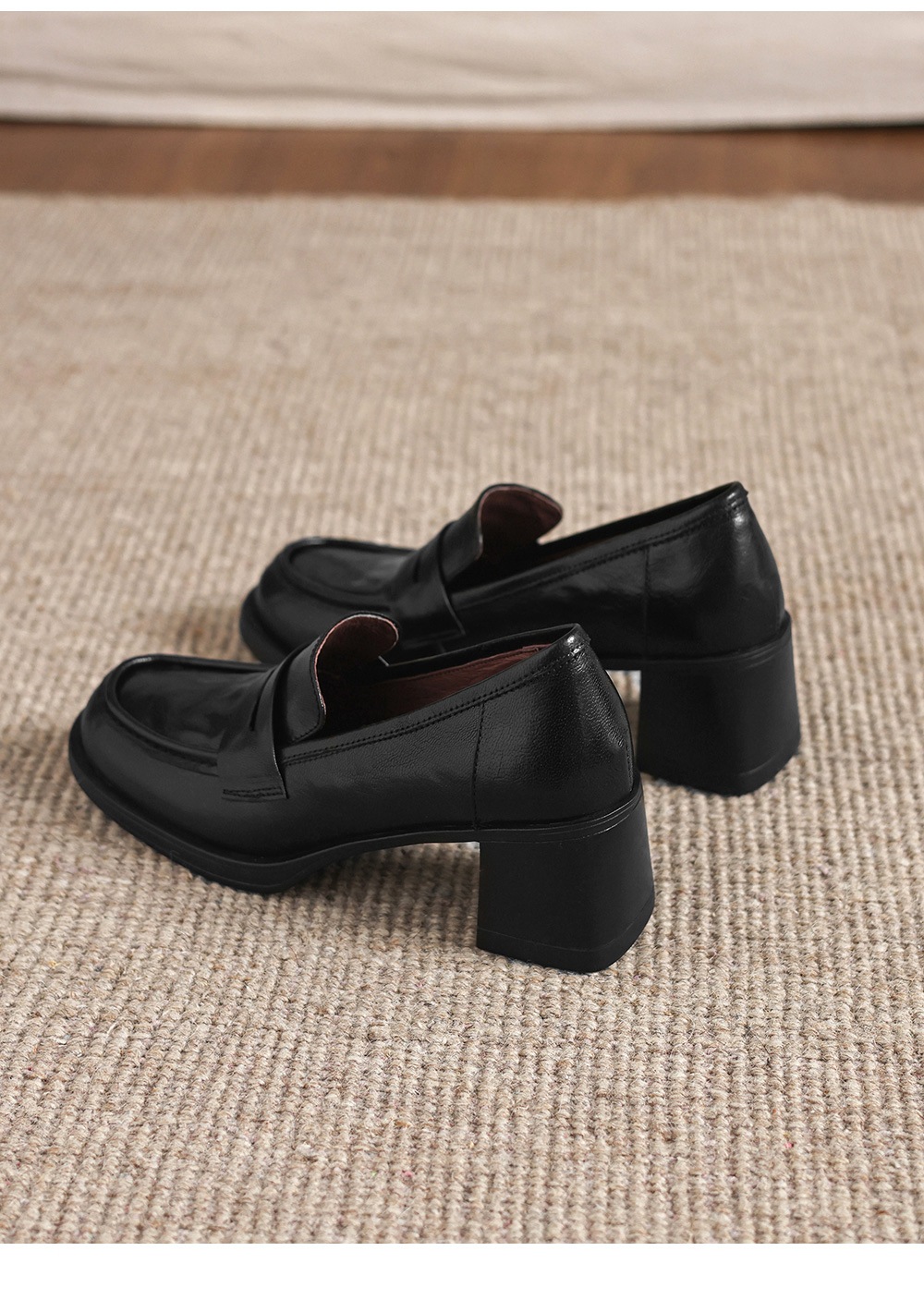 Giày cao gót nữ mũi tròn da dê gót vuông ổn định kiểu loafer — màu nâu chi tiết 20