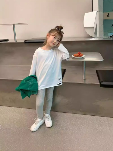 Children's Plain Color T-Shirt 2025 Spring Stylish Top Girl Child Ins Trendy Hole Base Shirt Versatile Fashion