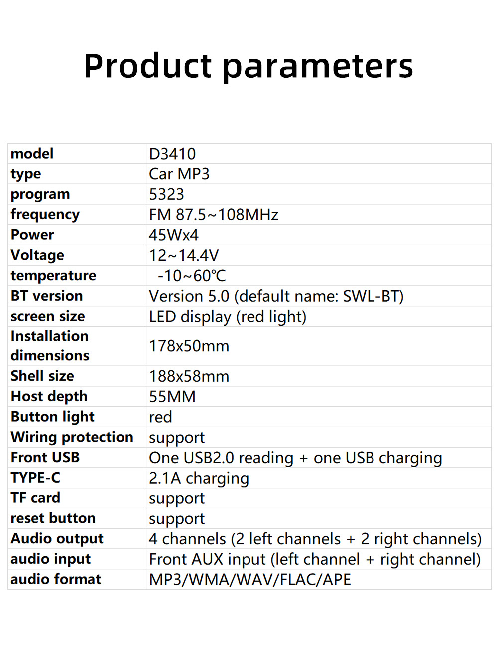 D3410 Red Light Short Model Single Spindle Dual USB Car Bluetooth Mp3 Player Fm Radio 12V Dropshipping