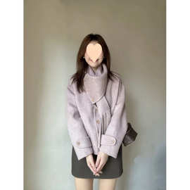 羊毛大衣女短款2025年秋冬新款高级设计感夹棉羊绒围巾领毛呢外套