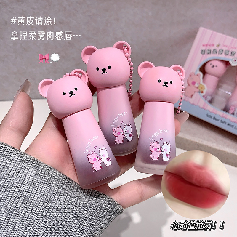 Gegebear Bear Soft Mist Lip Mud Cover Box no es fácil de tocar tazas de terciopelo mate no es fácil de descolorar el conjunto de lápiz labial blanco