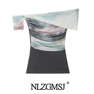 2024 Winter New Women's Clothing European and American-style Slim-fit Dye Mesh Knitted Stitching Shoulder T Top