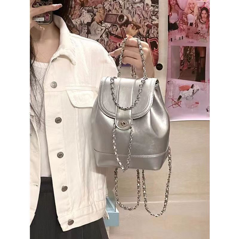 2024 New Instagram Style Silver Chain Women's Korean Edition Small Fragrance Backpack Fashionable Crowd Book Bag_voghion.com