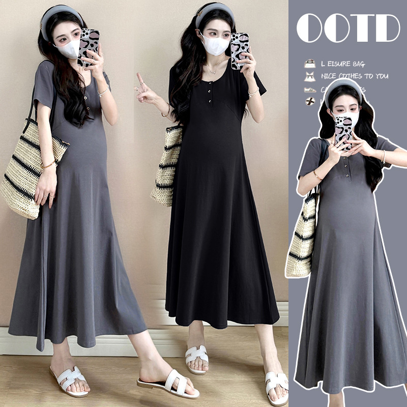 Maternity Wear 2025 Summer New Korean Style Fashionable Elegant Simple Loose Large Size Slimming Look Maternity Dress