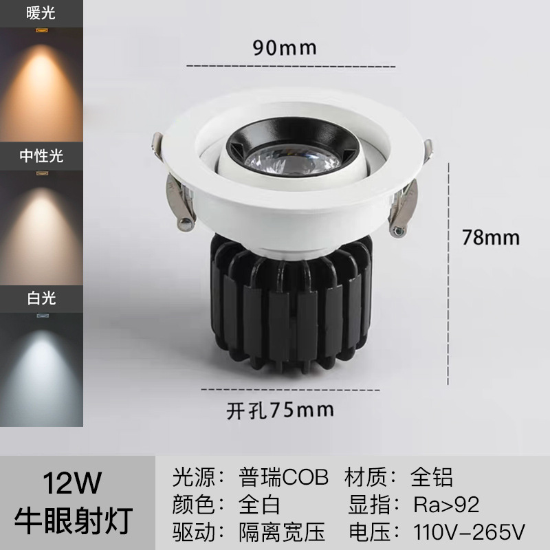 Fábrica directa cob ojo de buey lámpara antideslumbrante reflector incrustado luz de techo doméstica de espectro completo sin lámpara principal