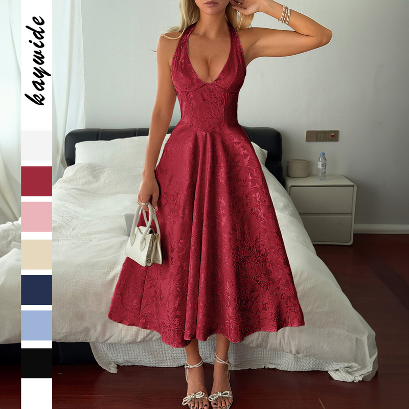 Cross-Border European and American Evening Dress Style High-End Halterneck Long Skirt Dress Women's Clothing 2025 Autumn and Winter Amazon Independent Station