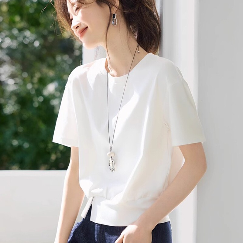 Casual Versatile Design Sense Hems Split Decorative Buckle Short-sleeved T-shirt 2025 Summer New T-shirt Women Casual Versatile Design Sense Hems Split Decorative Buckle Short-sleeved T-shirt 2025 Summer New T-shirt Women