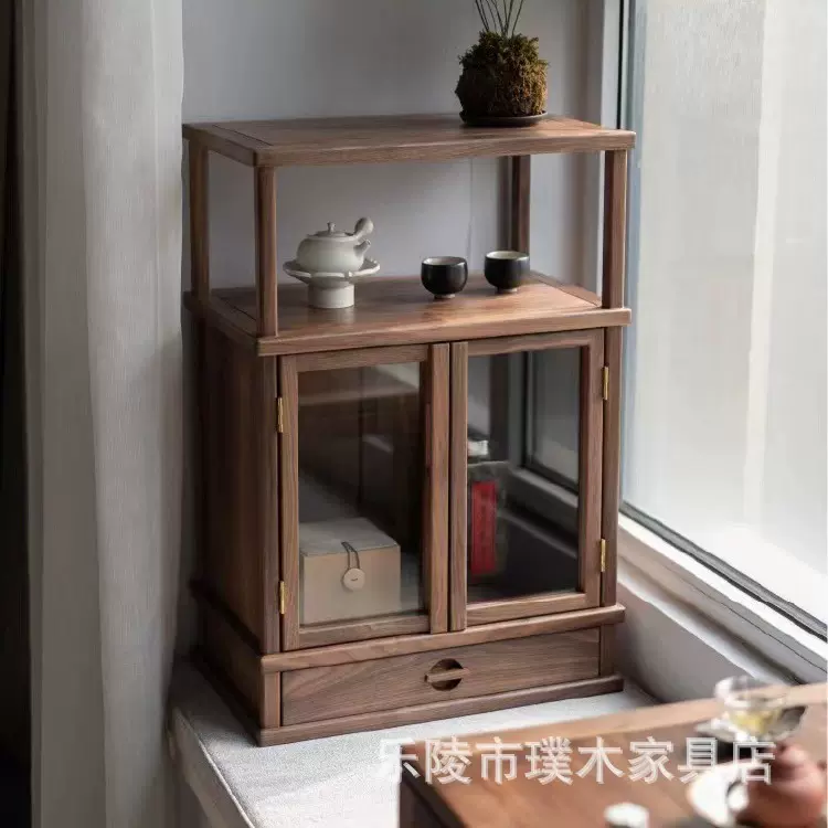 新中式飘窗阳台茶事柜黑胡桃木瓷器柜席地榻榻米储物柜收纳展示柜
