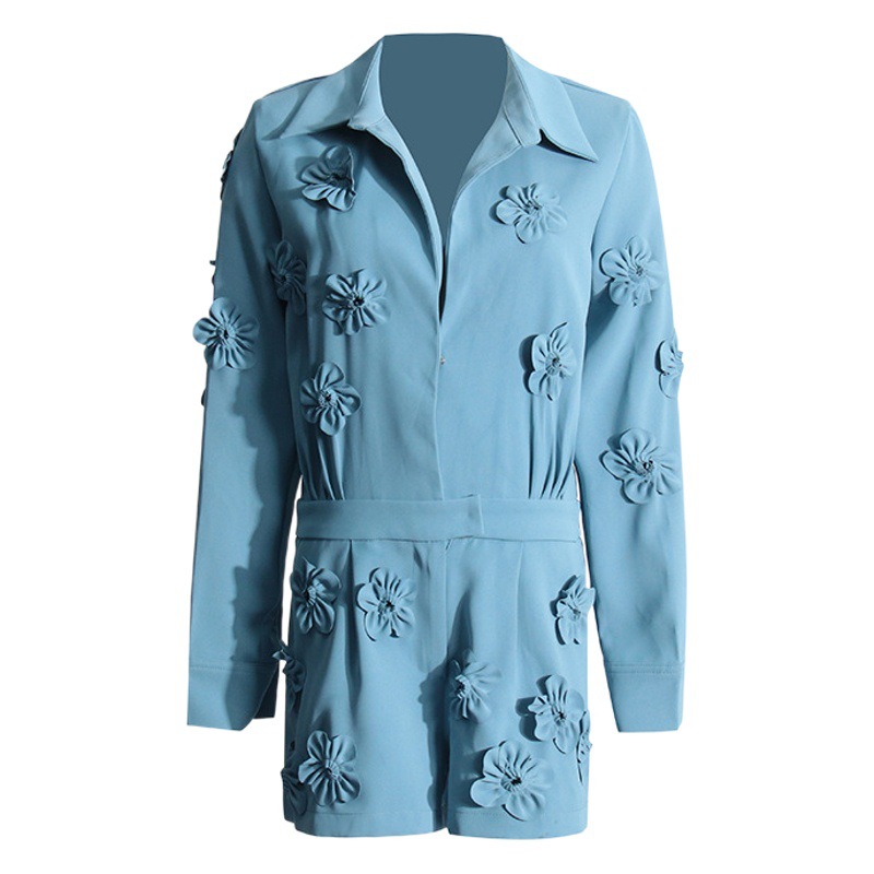 2024 primavera nueva moda elegante diseño de flores tridimensionales cintura apretada adelgazamiento mono pantalones cortos transfronterizos europeos y americanos