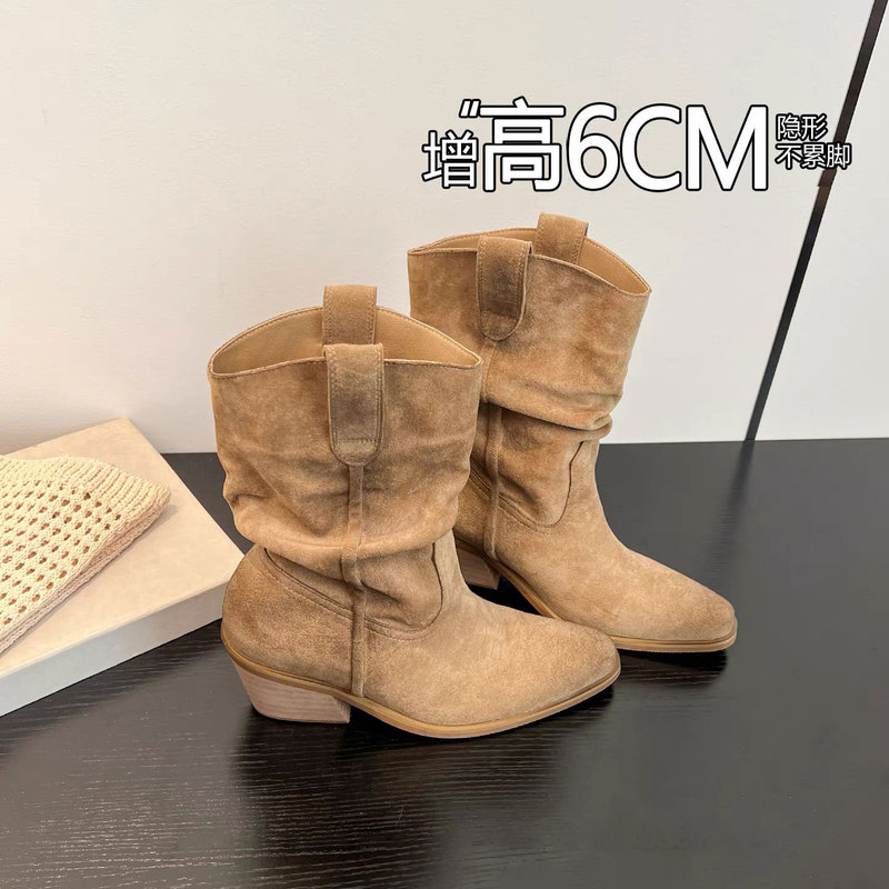 赵露思同款内增高粗跟马丁靴褶皱堆堆短靴女复古西部牛仔骑士靴子|undefined
