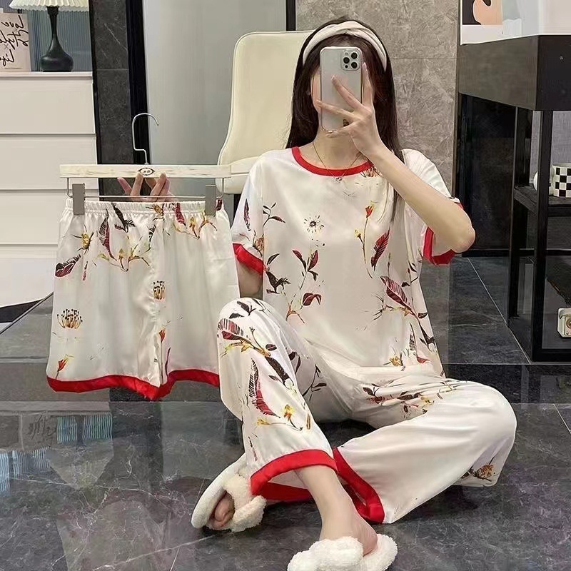 Pijama de verano de mujeres delgado en línea popular estilo coreano estudiantes dulces lindos vestidos para el hogar de mujeres se pueden usar con tres piezas
