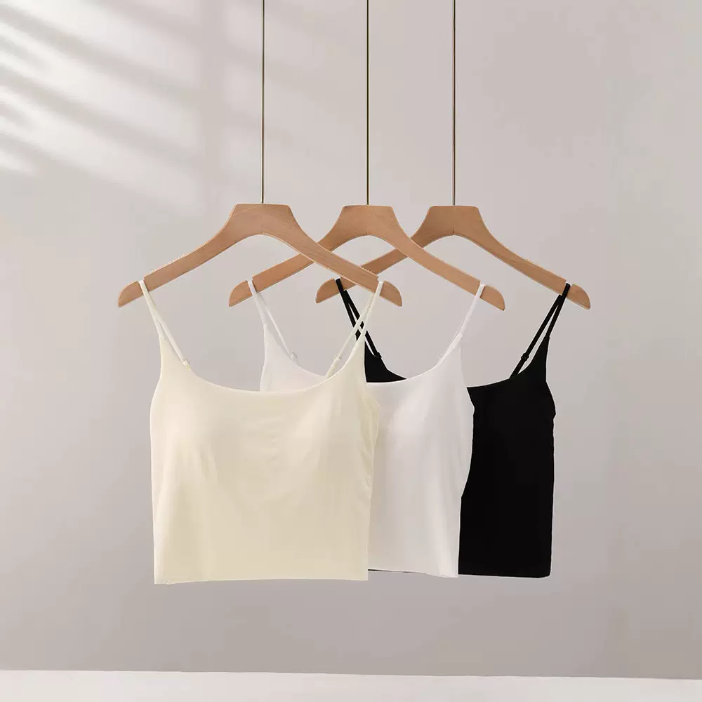 无痕美背一体式短款吊带背心上衣女装夏季带胸垫修身内搭打底文胸