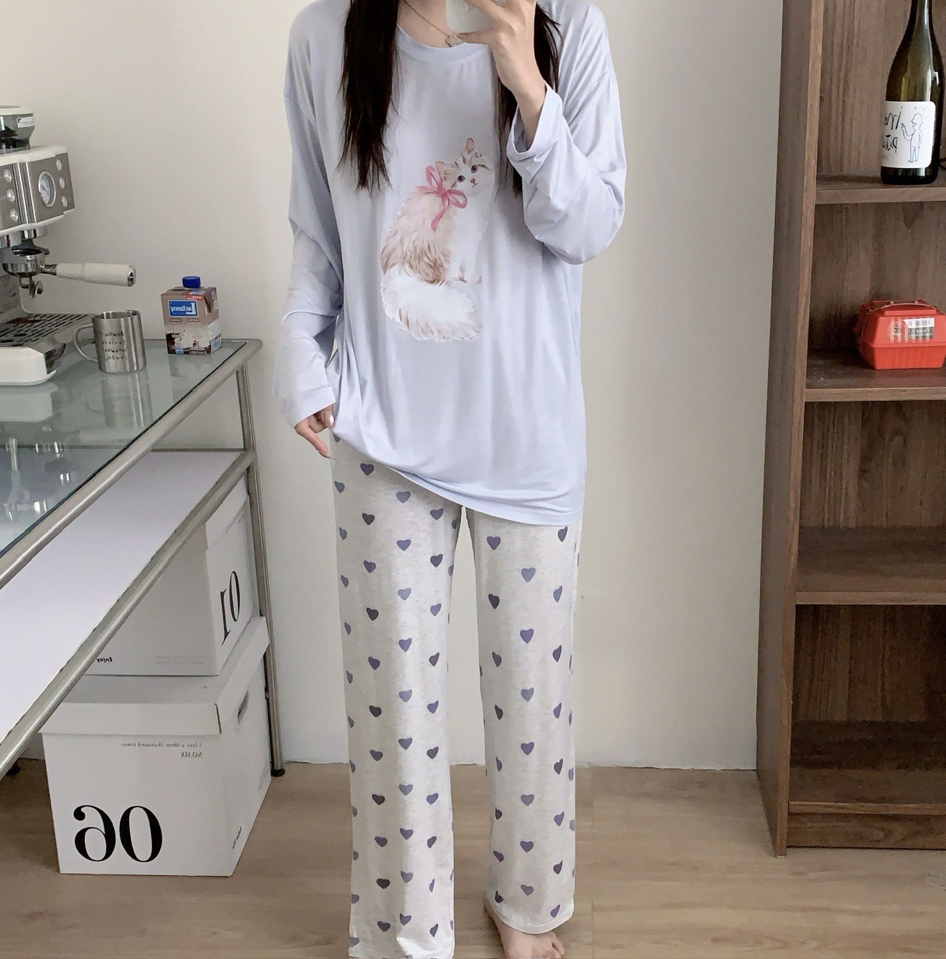 모달 오렌지 캣 라운드넥 롱 세트 블루