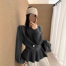 秋冬韩版显瘦圆领针织衫女百搭慵懒风软糯裙帘设计可拆卸毛衣上衣