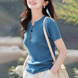 实拍！实拍！现货有大图！2025夏季彩色纽扣半开领T恤女针织上衣
