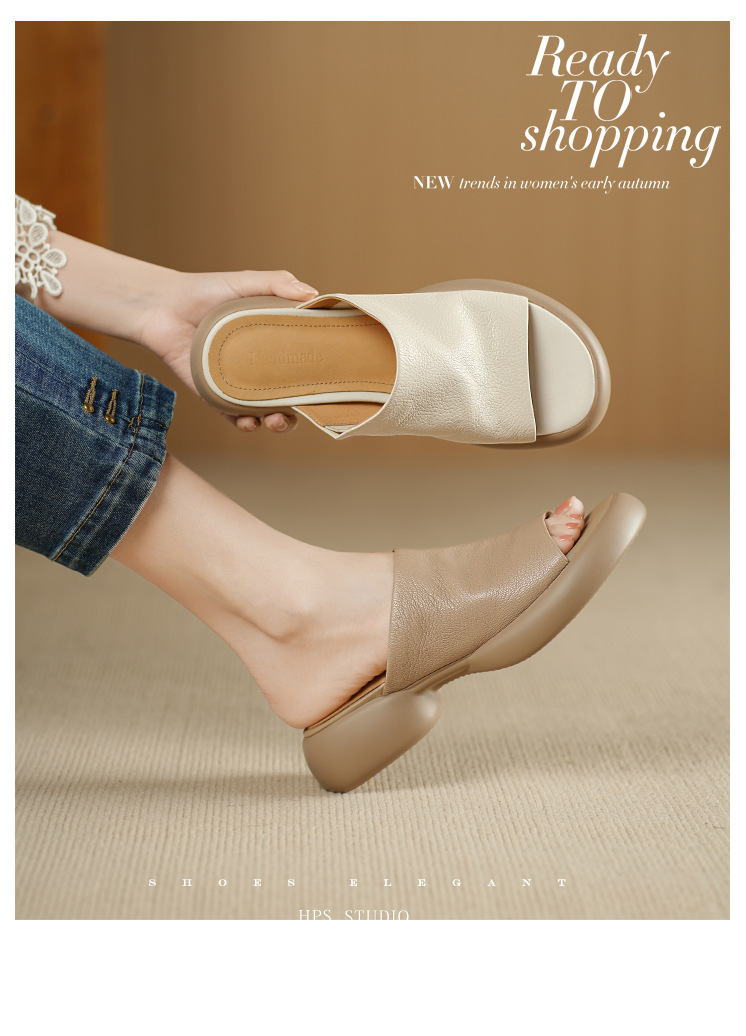 Sandal nữ hở mũi gót thấp đế dày 4cm da dê — màu trắng ngà chi tiết 1