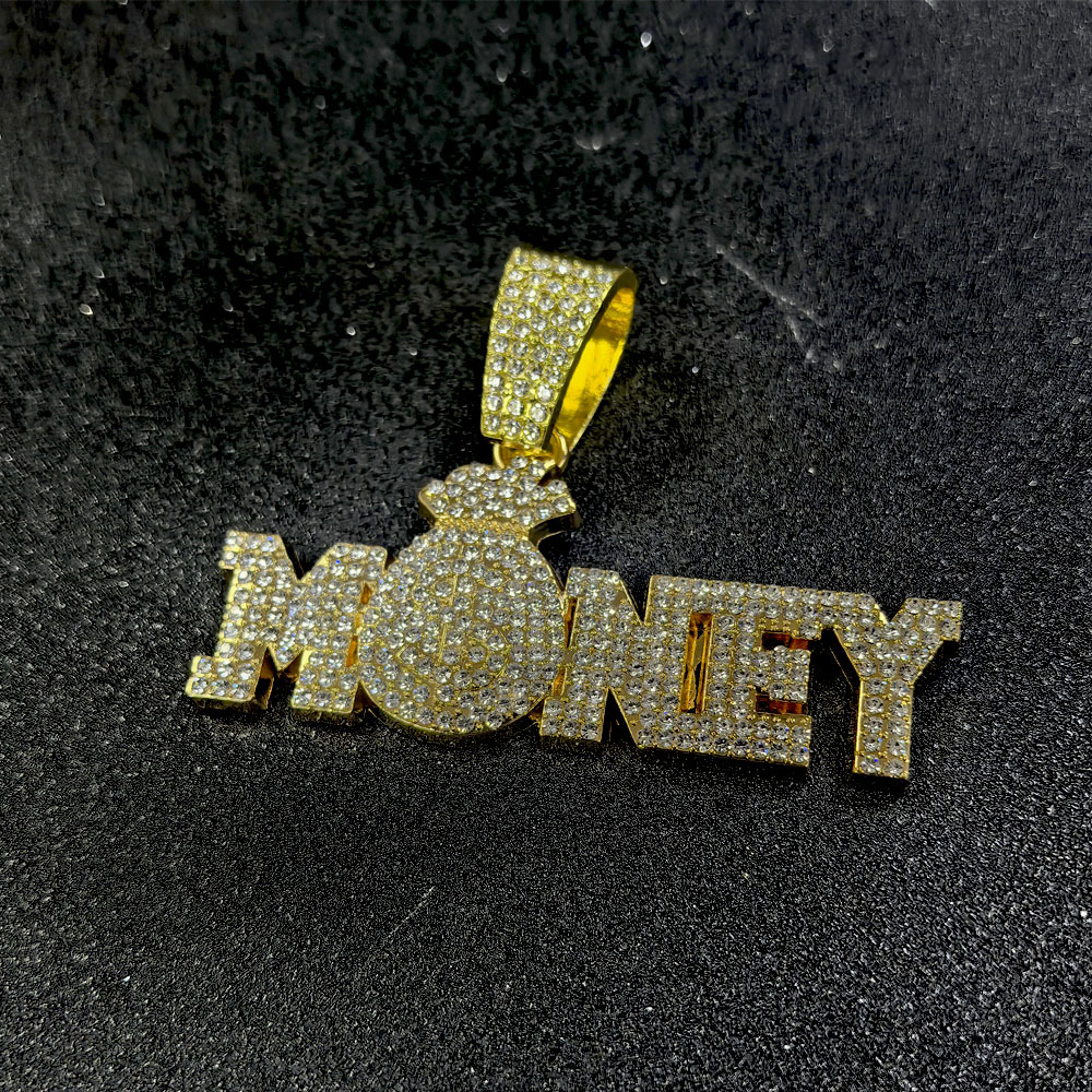 Letras hip hop transfronterizas MONEY colgante de aleación de diamantes de moda europea y americana collar de personalidad de cadena cubana fabricantes al por mayor image 8