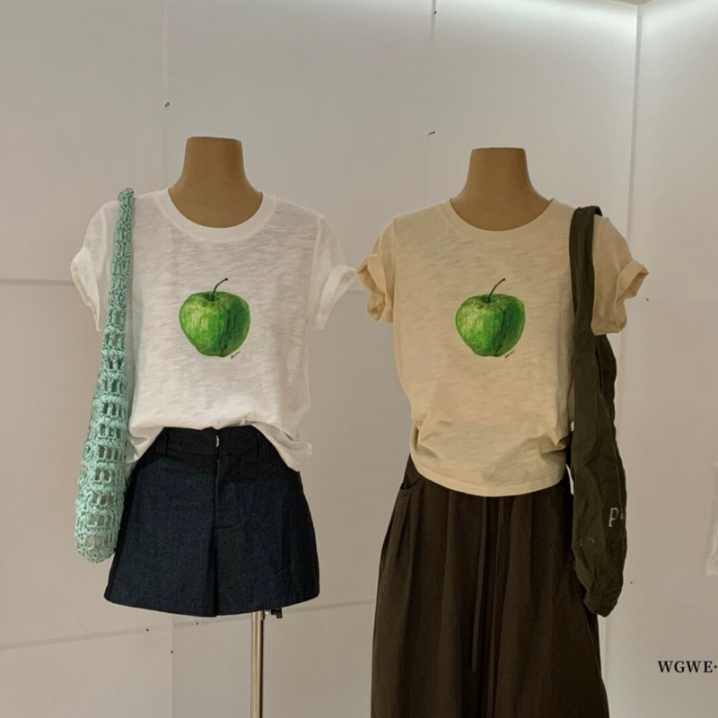 Wgwe Summer Fashion Women's Trendy Playful Style Green Apple Print Round Neck Slim Fit Casual Short-Sleeved T-Shirt Trendy W9749 Wgwe Summer Fashion Women's Trendy Playful Style Green Apple Print Round Neck Slim Fit Casual Short-Sleeved T-Shirt Trendy W9749