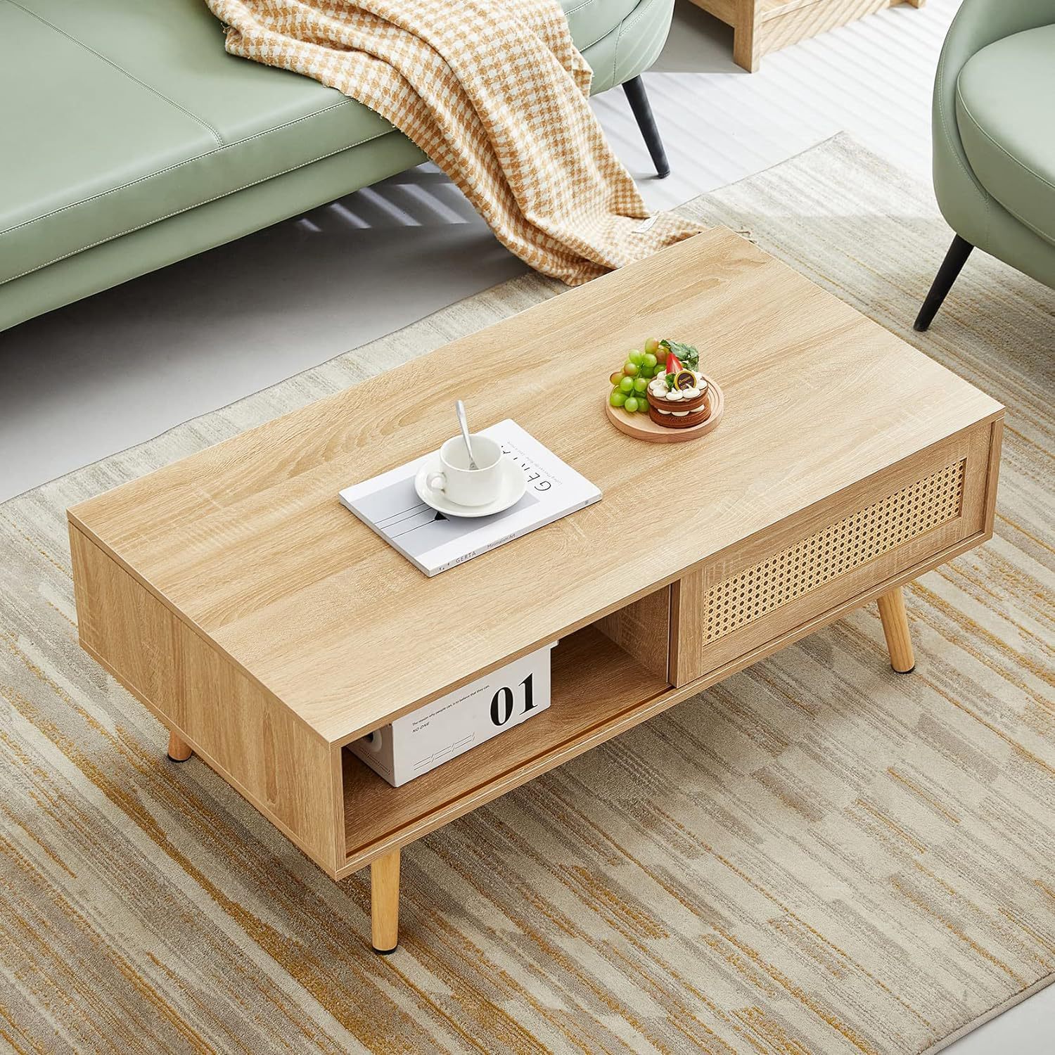 Modern minimalist coffee table with storage space, rectangular wooden tea table with rattan weave, bestseller in Amazon's cross-border foreign trade