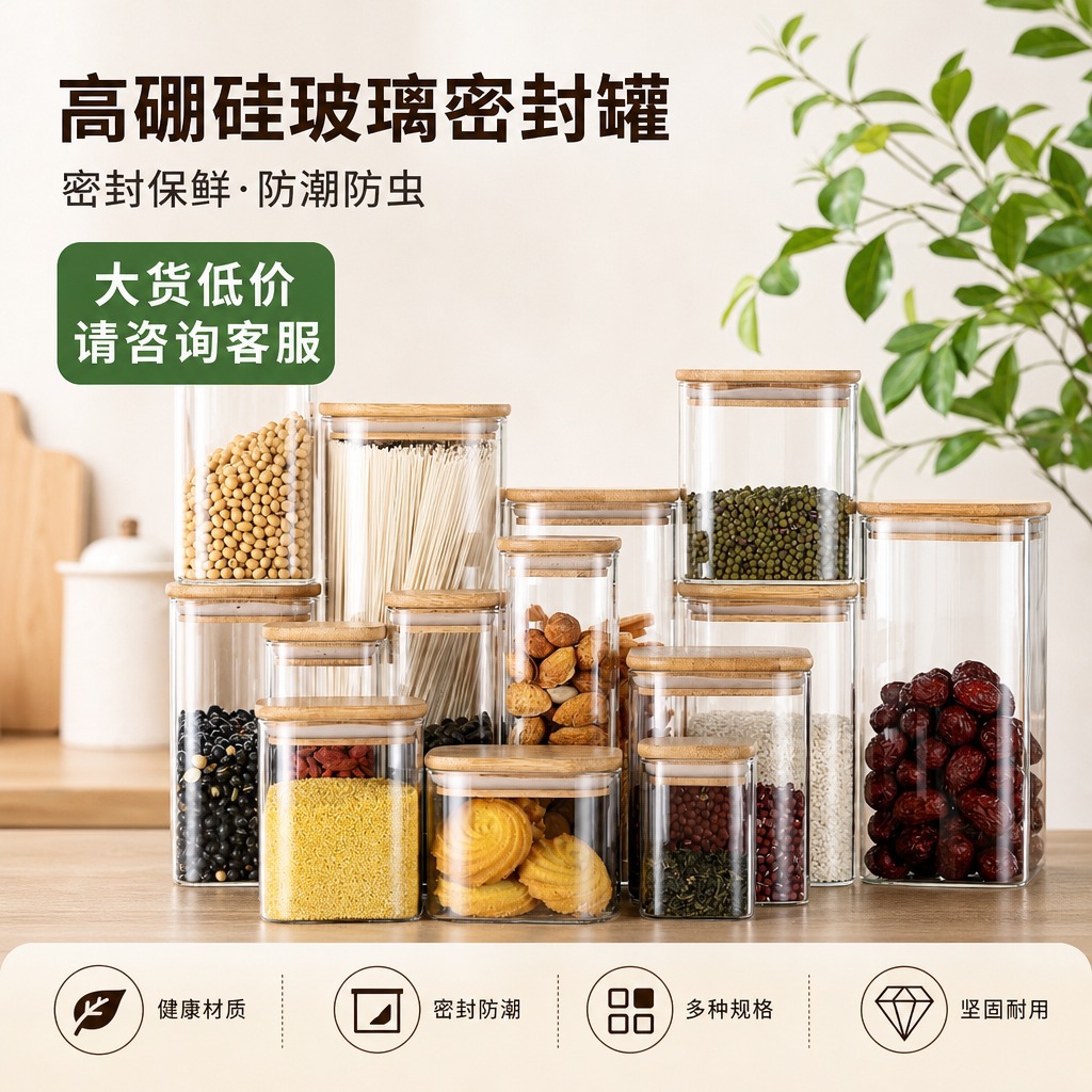Square Glass Sealed Jar, Multi-Functional Fresh-Keeping Jar, Kitchen Grain Storage Jar, High Borosilicate Glass Storage Jar
