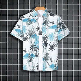 胖杉大码男装夏季外贸宽松古巴领衬衫印花短袖休闲衬衣热带度假风