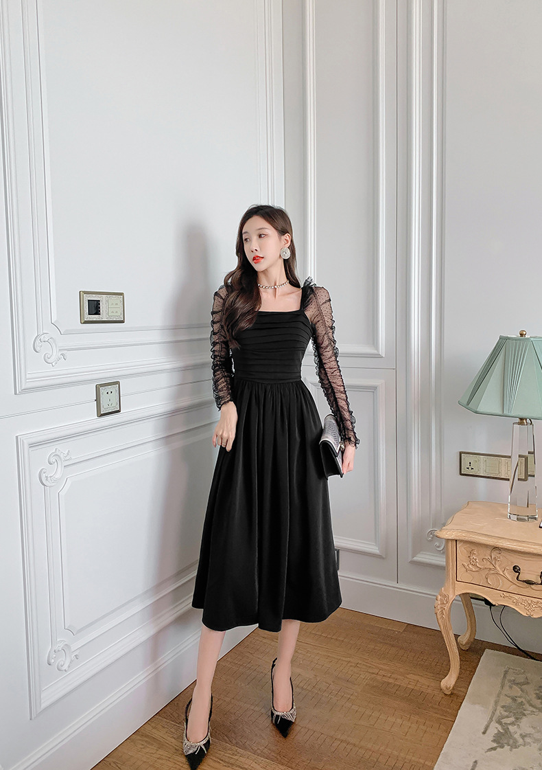 Váy đen ngắn kiểu Hepburn phối lưới tay bồng cổ vuông eo xếp ly — Màu đen chi tiết 10