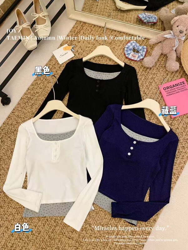 甜辣妹风假两件拼接碎花长袖T恤女秋季修身显瘦正肩上衣|undefined