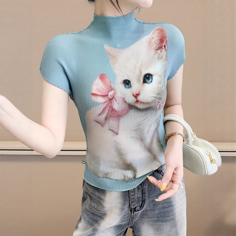 Half Turtleneck Short-Sleeved T-Shirt for Women in Summer European Fashion Age-Reducing Printed Mesh Top Slimming Look and Stylish Shirt