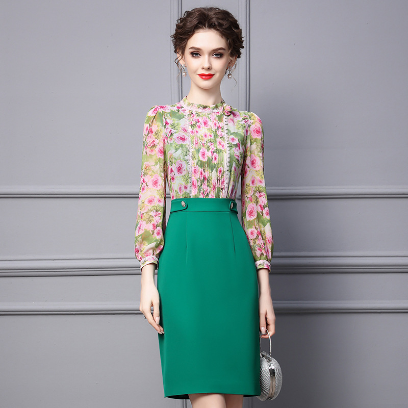 Zhili High-End Exquisite Dress for Women 2026 New Model for Formal Occasions Green Floral Long-Sleeved Waist-Slimming Dress