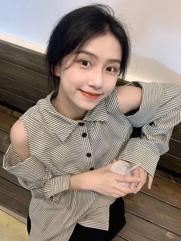 法式chic条纹露肩长袖衬衫女春秋设计感小众赫本风薄款防晒衬衣潮|undefined