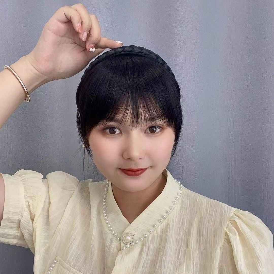 抖音同款辫子发箍刘海一体真发前额头帘鬓角遮白发碎齐刘海假发片-阿里巴巴