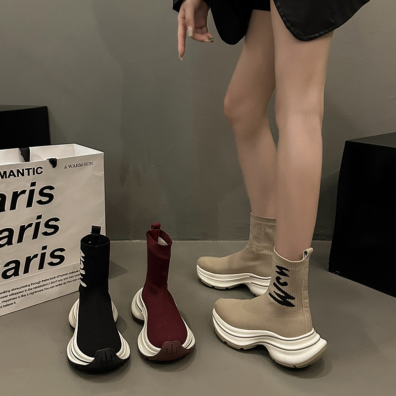 Thick-soled height-increasing European goods stretch fly-knit socks shoes women's 2024 new autumn high-top sneaker mid-barrel martin boots
