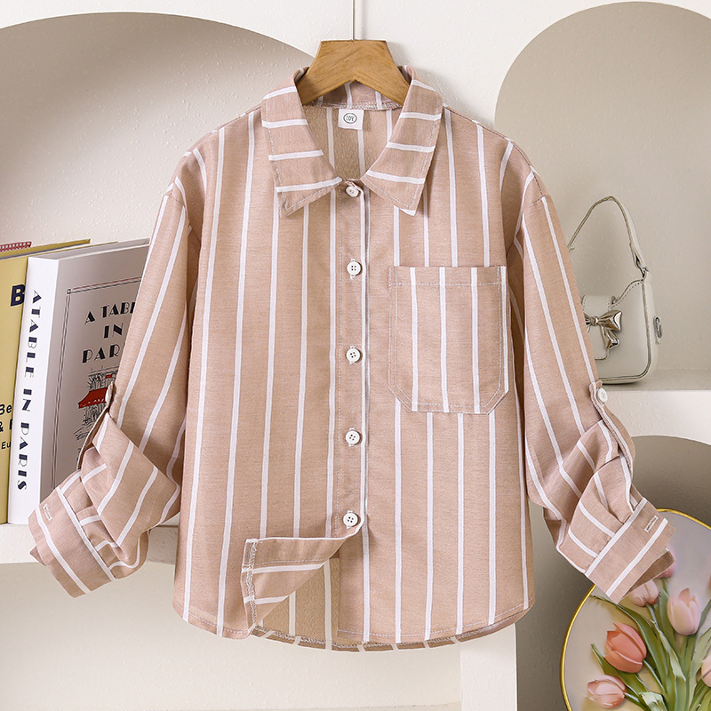 Camisas infantiles 2025 otoño nuevo estilo de niños y niñas casuales de color con rayas verticales para vestir camisa de manga larga