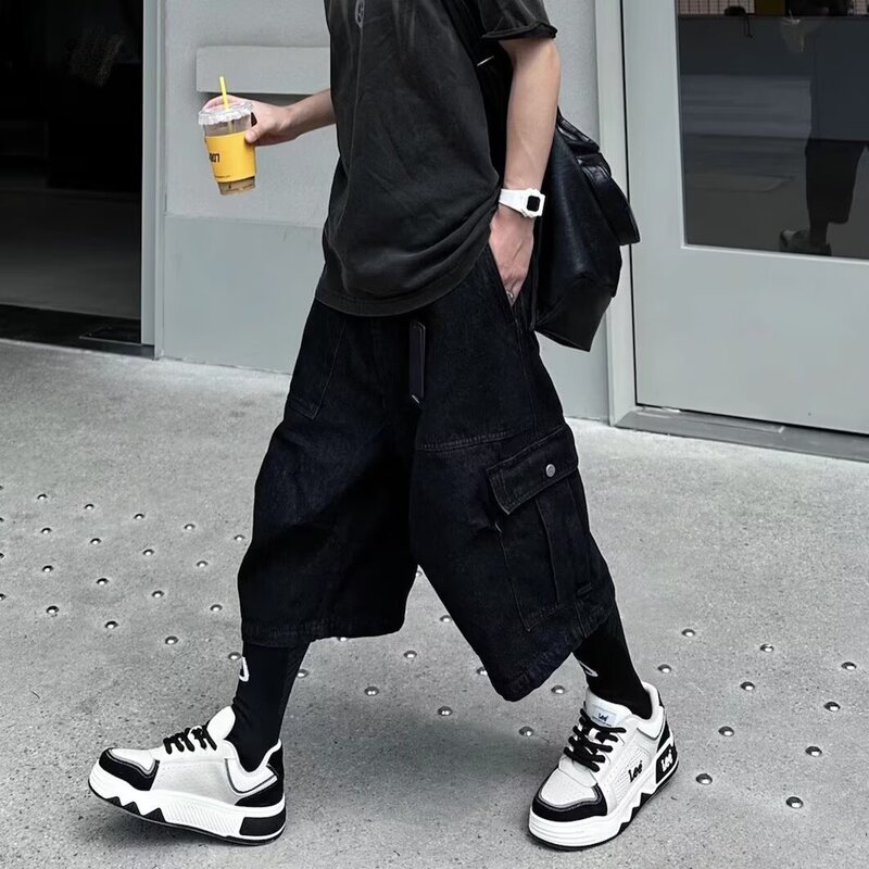American Retro Large Pocket Black Cropped Jeans for Men, Summer Loose Washed Vintage Wide-Leg Cargo Mid-Length Pants Trendy American Retro Large Pocket Black Cropped Jeans for Men, Summer Loose Washed Vintage Wide-Leg Cargo Mid-Length Pants Trendy