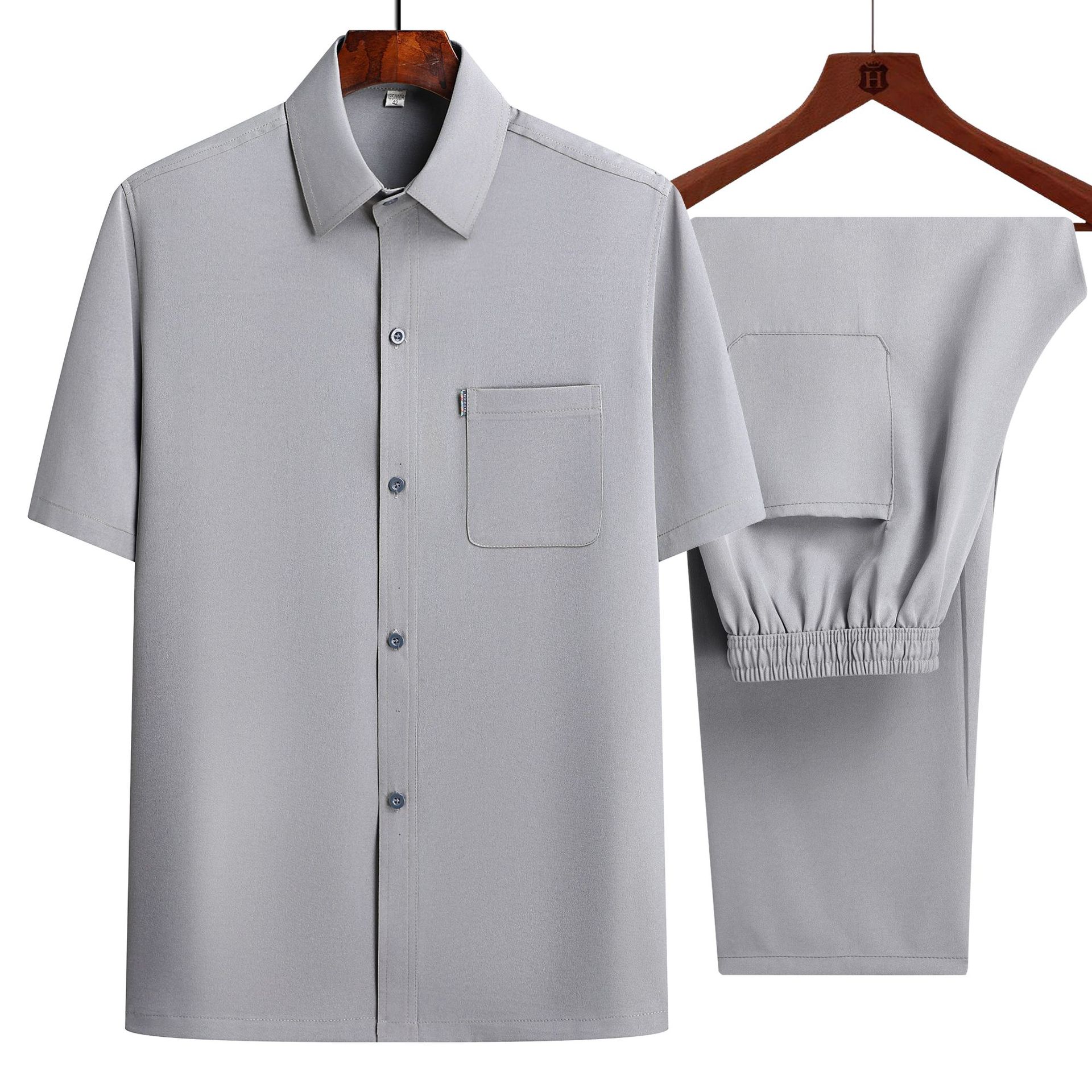 Cross-Border Wholesale Dad Summer Suit Short-Sleeved Shirt Middle-Aged and Elderly Men's Ice Silk Shirt Lapel Two-Piece Top