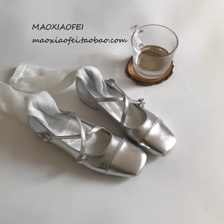 French-Style Square-Toe Silver Mary Jane Shoes for Women, 2026 Spring New Low-Heel Ballet Cross-Strap Chunky Heel Girls' Flats