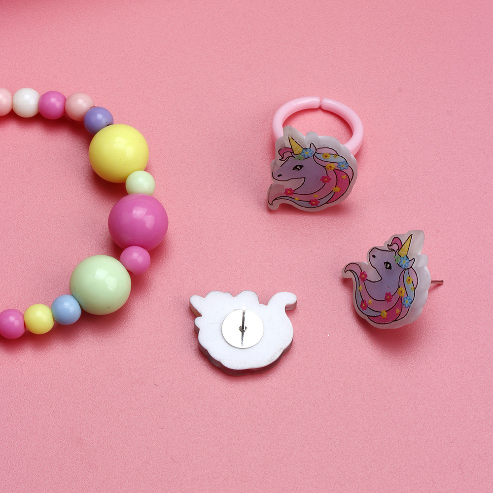 Cute Unicorn Resin Beaded No Inlaid Rings Bracelets Earrings 3 Piece Set